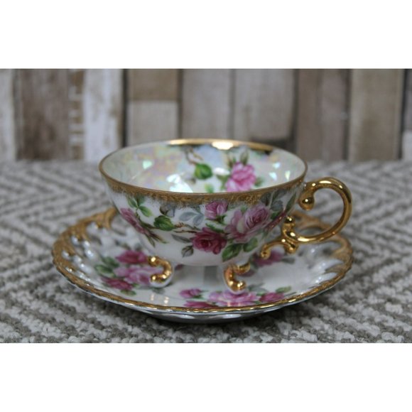 Shafford Lusterware Other - Shafford Lusterware Three Footed Rose w/Gold Trim Tea Cup & Saucer